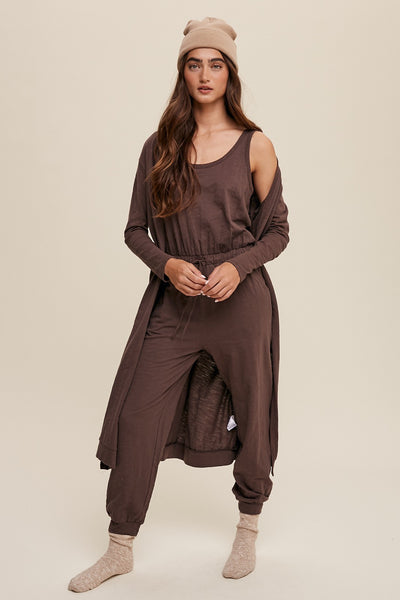 Brown Jumpsuit Cardigan Matching Set