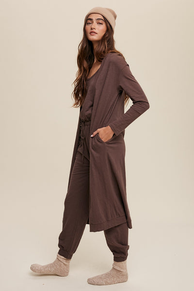 Brown Jumpsuit Cardigan Matching Set