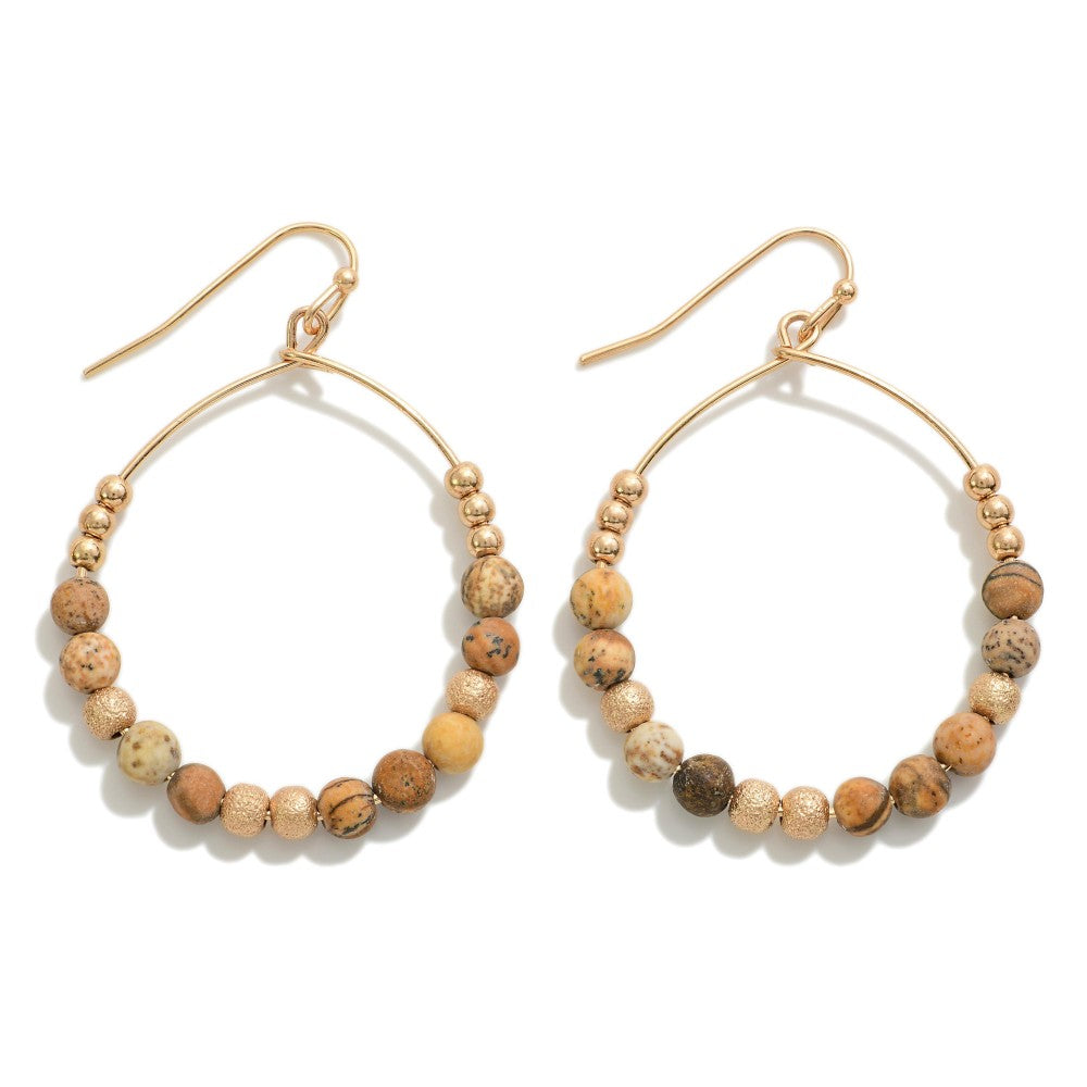 Brown Stone Beaded Hoop Earrings