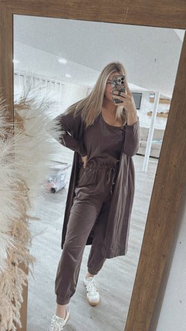 Brown Jumpsuit Cardigan Matching Set