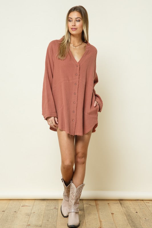 Terracotta Gauze Button Up