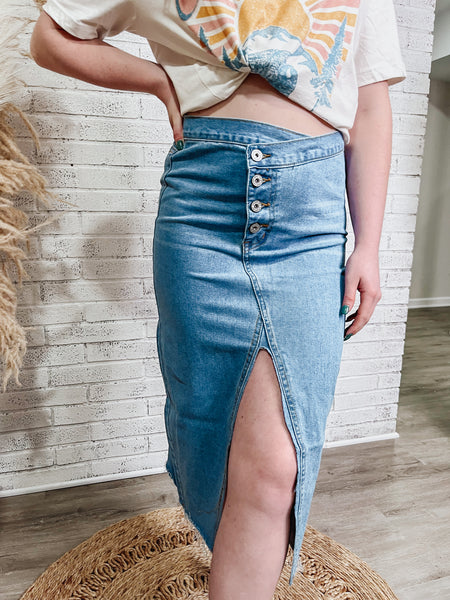 Asymmetrical Midi Denim Slit Skirt